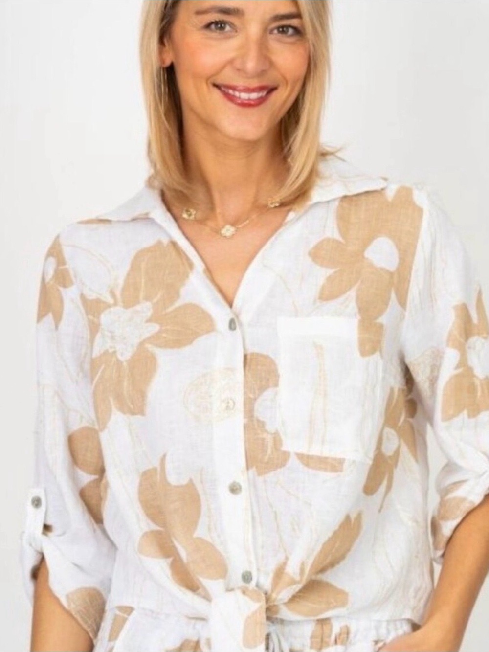 #0302 Made in Italy Floral Tie-Front Button-Down Blouse | 100% Linen | Size M | - Picture 1 of 7